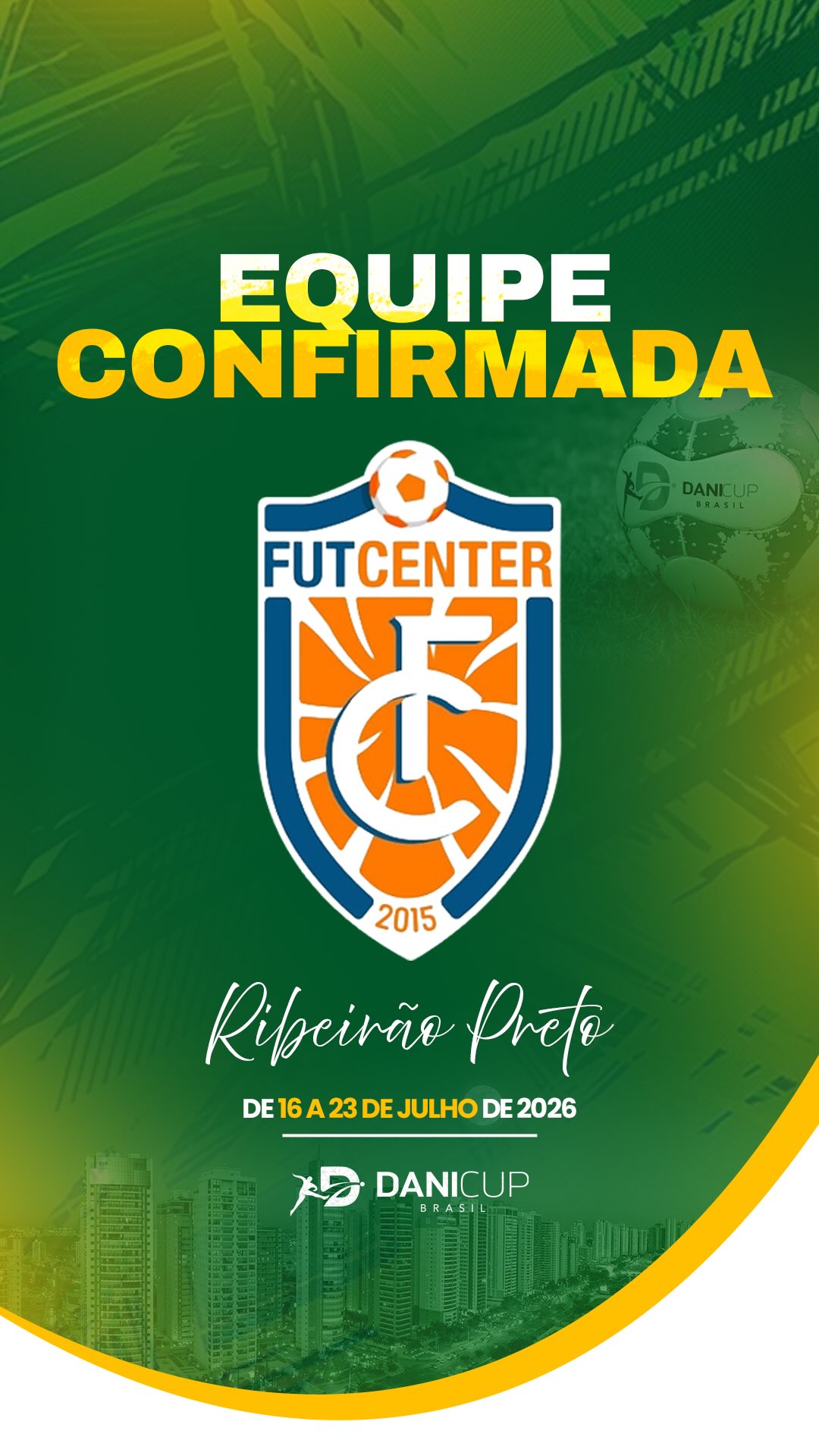 🚨 Equipe confirmada! ⚽ A Academia de Futebol FutCenter está confirmada na Dani Cup Ribeirão Preto 2026! 🔥 Mais do que competir, essa galera chega para viver uma experiência de desenvolvimento, aprendizado e muita paixão pelo futebol. 🌎⚽ Serão dias de grandes desafios, novas amizades e momentos que ficarão marcados na trajetória de cada atleta. 💪 E aí, sua equipe já garantiu lugar nessa experiência? Últimas vagas disponíveis! 👀 #DaniCupBrasil #DaniCup2026 #FutebolDeBase #EquipeConfirmada #BaseForte