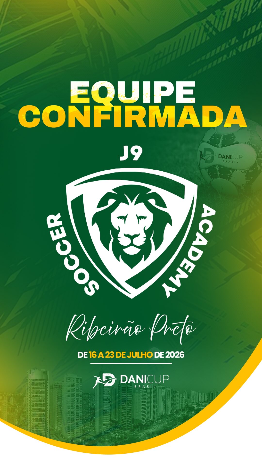 🚨 Equipe Confirmada! ⚽ A J9 Academia de Futebol está confirmada na Dani Cup Brasil 2026! 🔥 Essa galera chega preparada para viver dias de muito futebol, desenvolvimento, amizade e grandes experiências dentro das quatro linhas! 🌎⚽ Vai ser mais uma participação marcada por emoção, competição e muita paixão pelo esporte! 💪 E aí, sua equipe já garantiu vaga nessa experiência também? 👀 #DaniCupBrasil #DaniCup2026 #RibeirãoPreto #FutebolDeBase #BaseForte